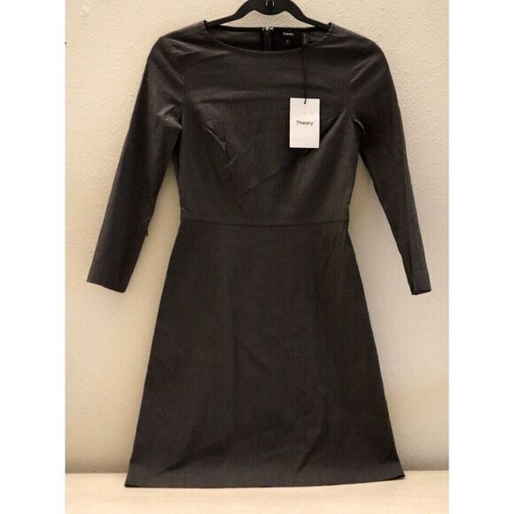 Theory Women Sz 6 Graystone Textured Stretch Kamillina Crinkle Flare Dress - Picture 1 of 12